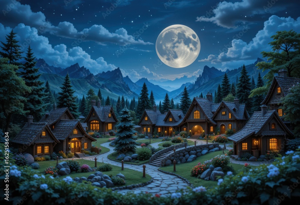 Fototapeta premium Close up Enchanted Miniature Village Under Moonlit Sky