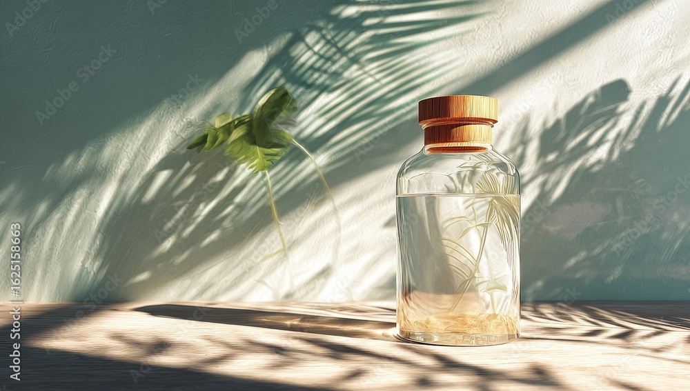 Obraz premium Clear glass bottle with light brown wooden cap, filled with liquid and plant elements, sits on a light-colored wooden surface, under sunlight, creating shadows of palm leaves