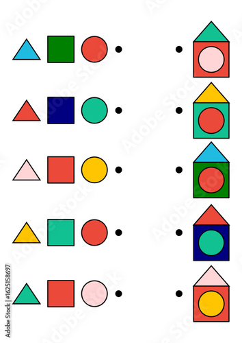 Color and shape matching. Connect the geometric shapes to their corresponding houses