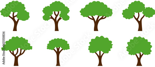 tree icon set in flat style. Trees forest in cartoon style, plant silhouette. Nature oak organic vector.
