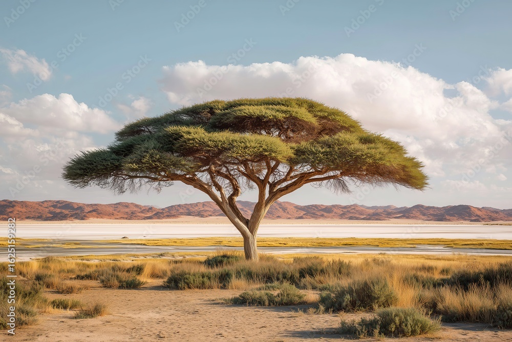 Obraz premium acacia tree in the middle of a flat savannah, with salt marshes and desert hills stretching out into the distance