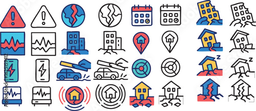 A set of colorful and line art icons illustrating earthquake themes, seismic activity, and disaster preparedness.