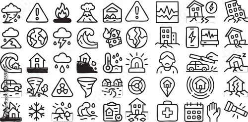 A collection of black and white line icons representing various natural disasters, weather events, and emergency situations.