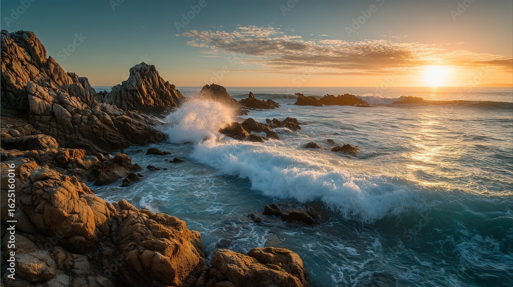 Fototapeta premium Waves crash against rugged rocks under a golden sunset, creating a serene yet powerful coastal scene