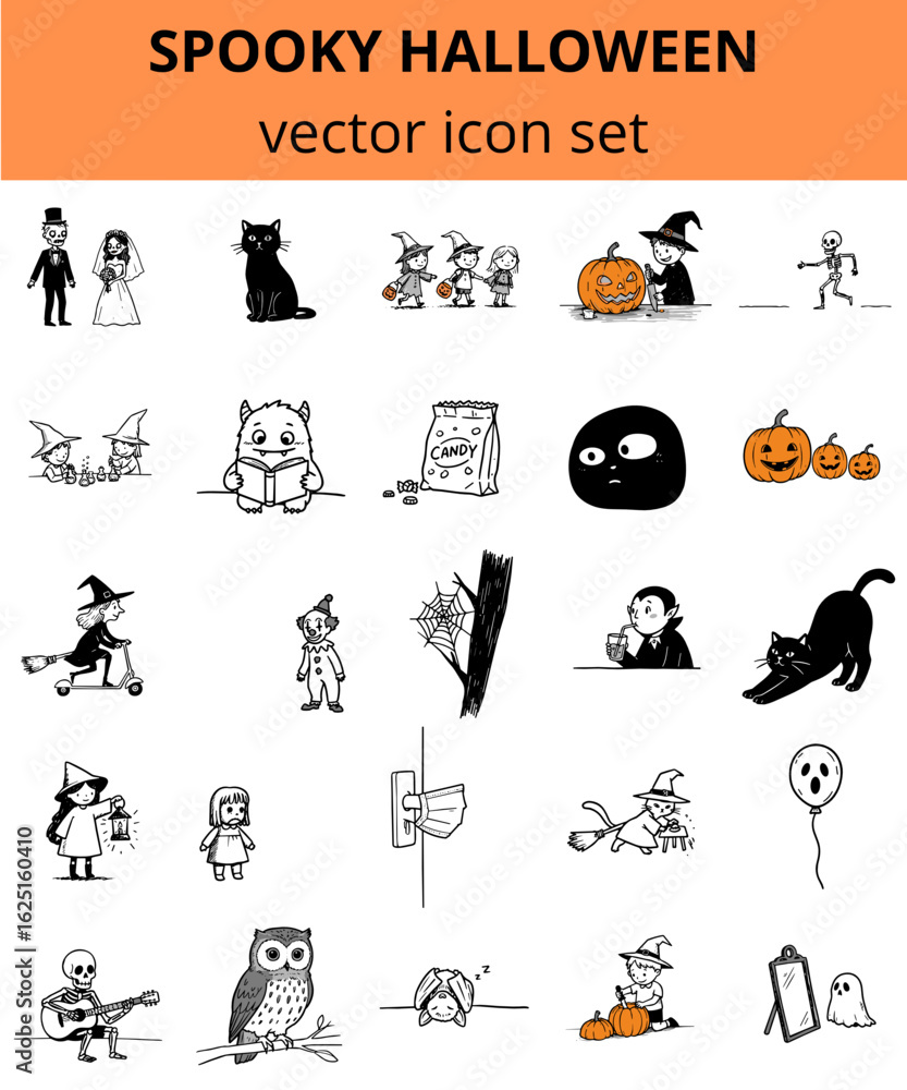 Fototapeta premium Spooky Halloween vector icon set with various playful characters 