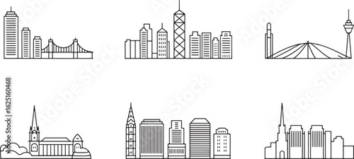 Detailed Line Art Cityscape Silhouettes Boston Hong Kong Manila Salt Lake City Nashville Vienna Vector