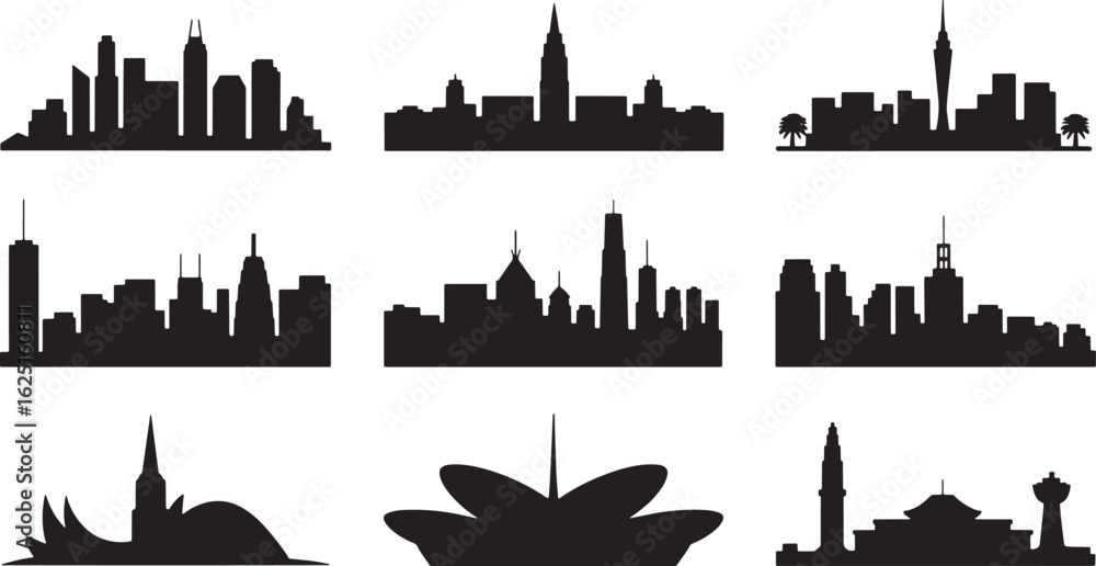 Obraz premium Cosmopolitan Cityscape Silhouette Collection A Set of Urban Skyline Illustrations with Landmarks