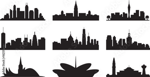 Cosmopolitan Cityscape Silhouette Collection A Set of Urban Skyline Illustrations with Landmarks