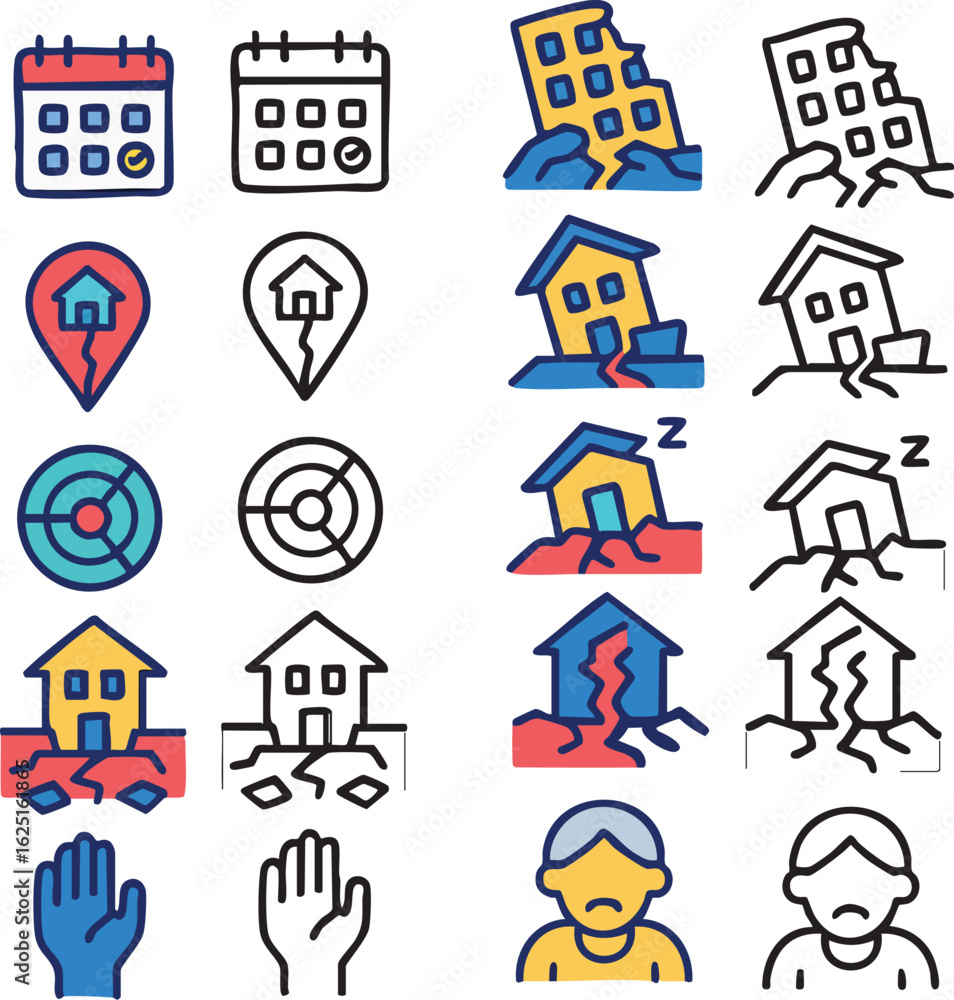Fototapeta premium A set of icons illustrating earthquake themes, including seismic activity, damaged buildings, and human response, shown in both color and outline styles.