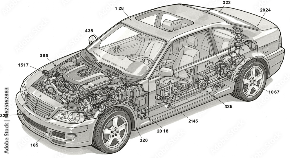 Fototapeta premium Car Engineering Illustration Vehicle Anatomy Diagram Showing Internal Components and Mechanical Systems Detailed Automotive Design and Structure Breakdown