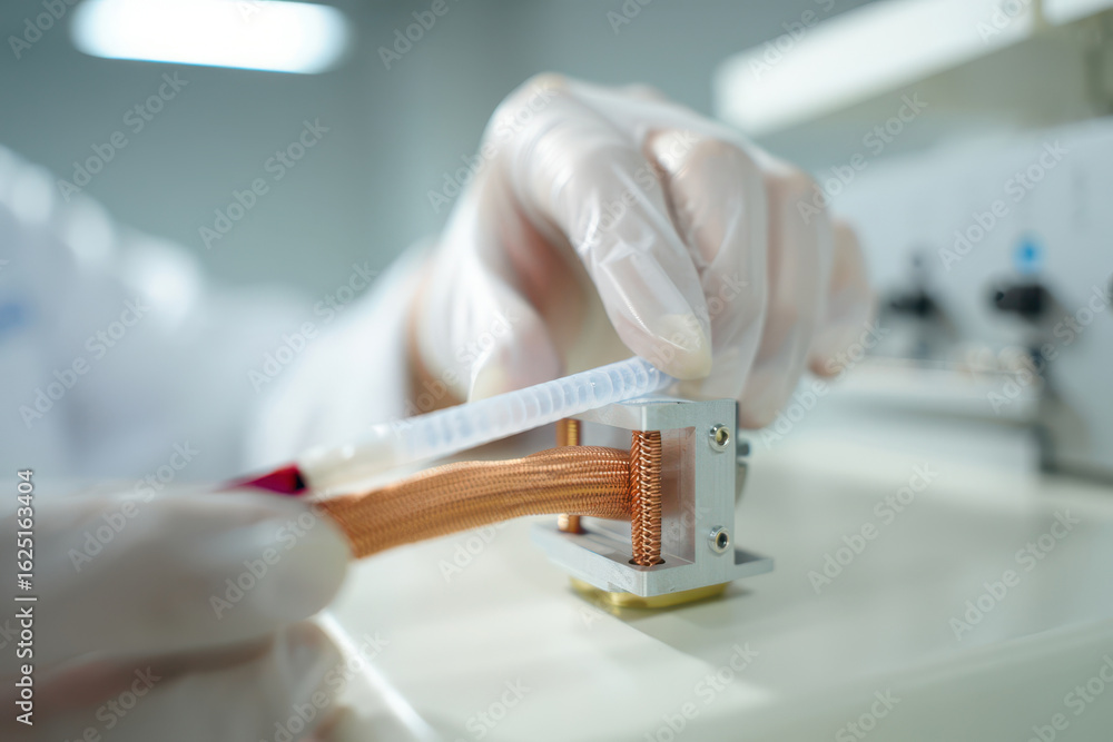 Precision electronics manufacturing. Technician assembling a custom copper wire component in a cleanroom or laboratory. Precision electronics manufacturing. Technician assembling a custom copper wire component in a cleanroom or laboratory.