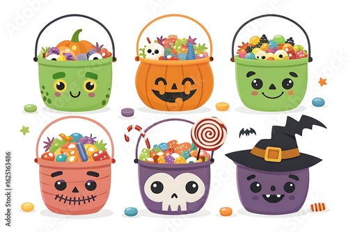 Cute halloween buckets with candies isolated on white background