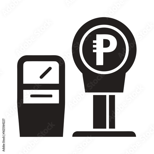 Black and white illustration of a parking meter and a payment machine, representing urban services and transportation, isolated on white background