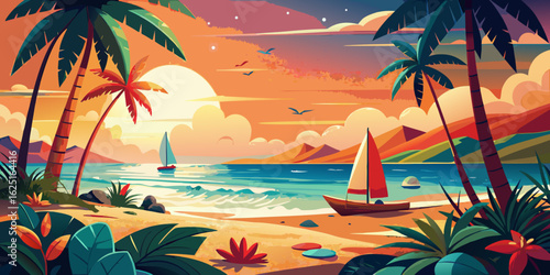 Tropical paradise island beach with palm trees and a stunning ocean landscape