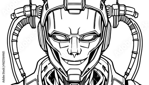 a black and white illustration of a futuristic cyborg with a confident expression, wearing advanced technological gear and headgear, blending human features with machine elements.