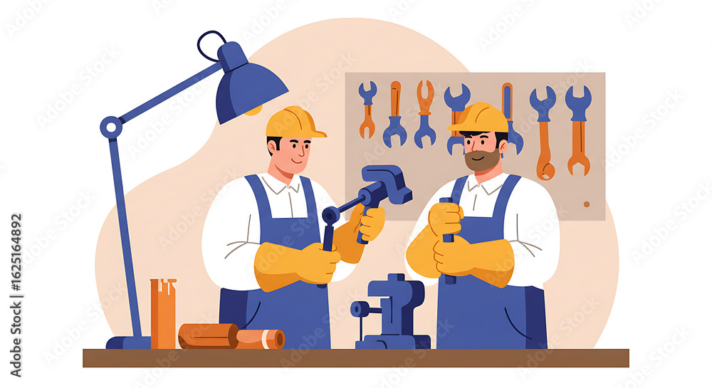 Two Workers in Overalls Repairing Equipment with Tools in a Workshop. Two Workers in Overalls Repairing Equipment with Tools in a Workshop.