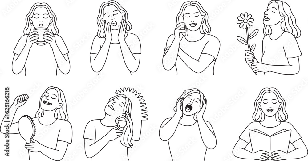 Woman's Daily Activities A Series of Line Art Illustrations Showing Various Actions and Emotions Woman's Daily Activities A Series of Line Art Illustrations Showing Various Actions and Emotions