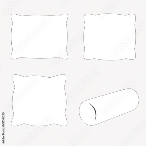 Four white pillow silhouettes in a 2x2 grid on a light gray background. Includes square pillows with rounded edges and a cylindrical bolster. Simple, abstract design with no added details or colors.
