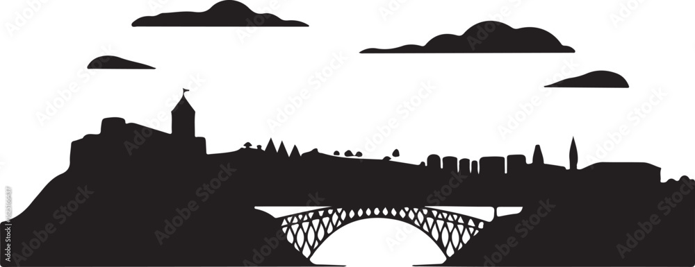Foto Black Silhouette Vector of Tbilisi Skyline Including Narikala Fortress and Bridg