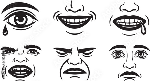 Expressive Facial Features Vector Set Diverse Emotions Mouth Eye Expressions on Transparent Background