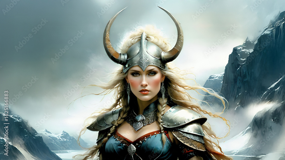 Naklejka premium Woman in Viking armor with braided hair and horned helmet, exuding strength against a backdrop of snow-capped peaks and cloudy skies.