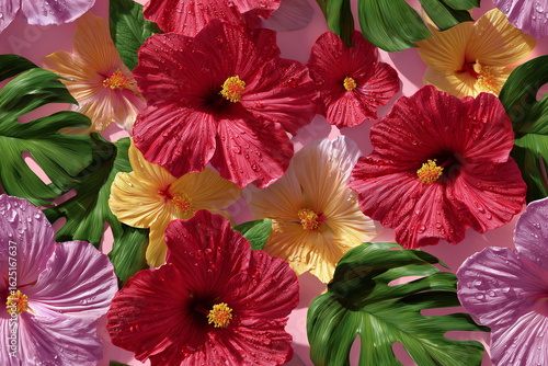 Wallpaper Mural Lush tropical background with hibiscus flowers and monstera leaves Torontodigital.ca