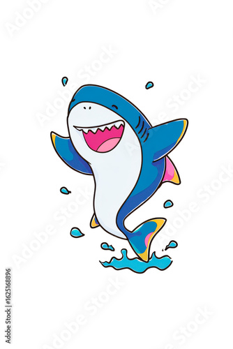Happy cartoon shark jumping and splashing in water with transparent background