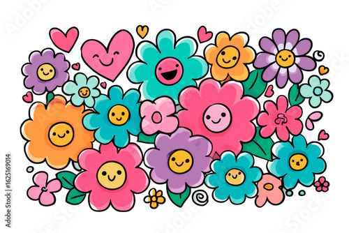 Cartoon flowers with smiling faces and hearts create a cheerful and vibrant design on a transparent background