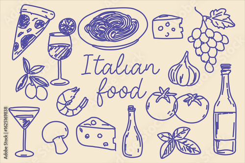 Hand-drawn Italian food illustration set featuring pizza, pasta, wine, cheese, garlic, basil, shrimp, olives, and tomatoes. Perfect for menus, packaging, cookbooks, and culinary designs.
