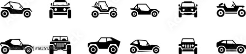 Black and white icons of various off road vehicles transportation automotive