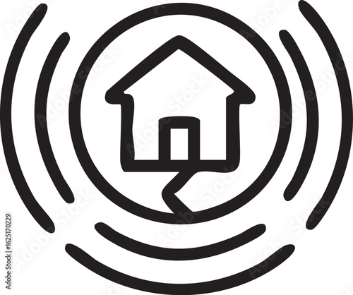 A simple black line icon of a house shaking during an earthquake, with a cracked foundation and seismic waves.