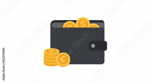 Dark Wallet with Gold Coins and Currency Symbols.