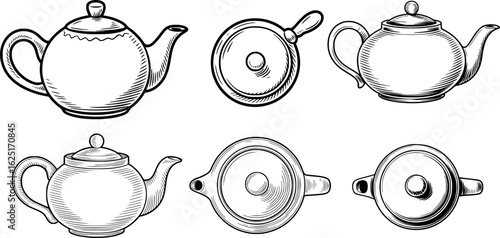 Black and white line drawings of teapots and lids kitchenware beverage