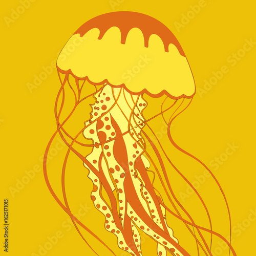 Yellow jellyfish swimming gracefully in a bright yellow background  