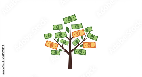 Money Tree with Dollar Euro and Pound Banknotes.
