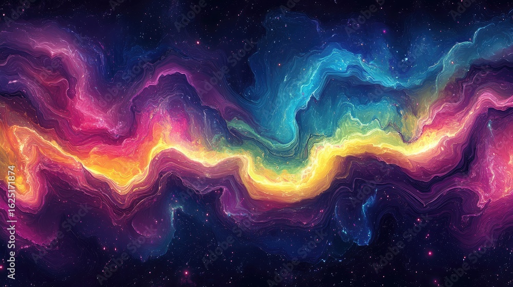 Fototapeta premium Vibrant cosmic cloudscape with swirling colors and twinkling stars abstract design