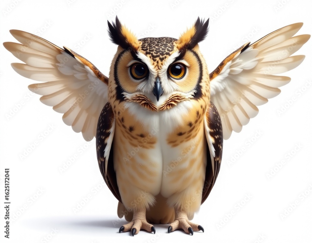 Obraz premium Close-up shot of an owl with its wings spread out on a white background, suitable for use in animal-related or nature-inspired projects