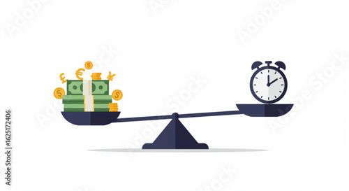 Time versus Money A Balanced Scale Depicting Currency and a Clock.