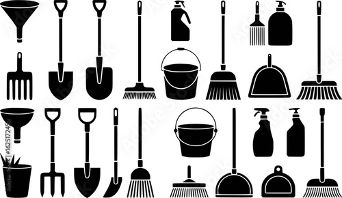 Black silhouette cleaning tools and garden implements vector
