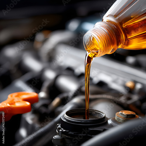 Change car oil, Auto mechanic changing oil pours oil into a car engine.