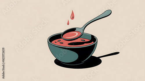 Bowl of red soup, spoon drips, simple food illustration.
