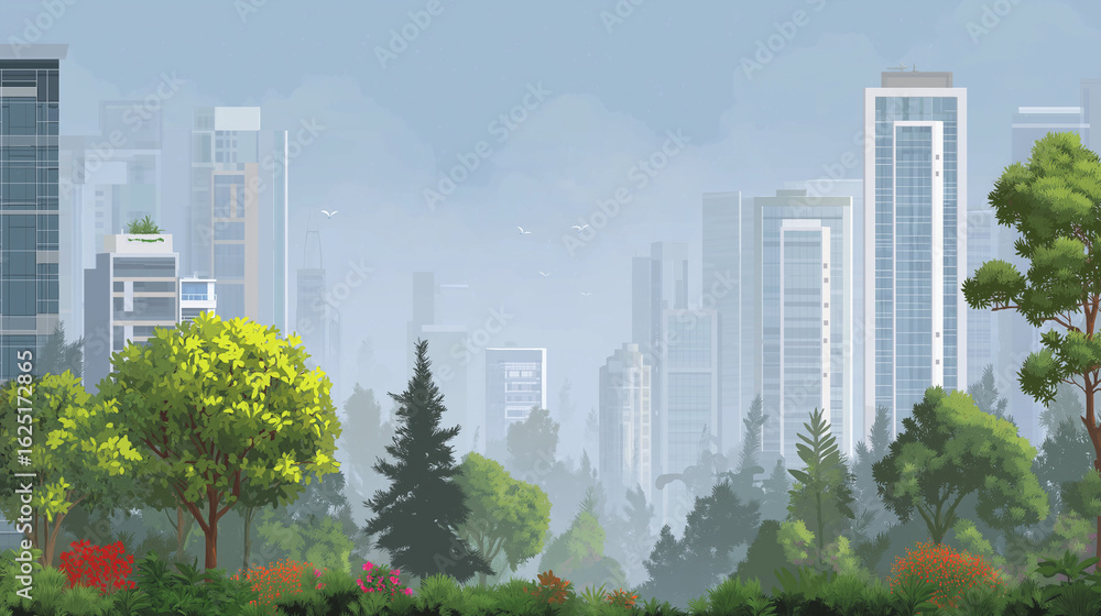 Obraz premium Cityscape Amidst Nature's Embrace: A captivating illustration showcases a modern cityscape blending seamlessly with a verdant expanse of trees and lush greenery.