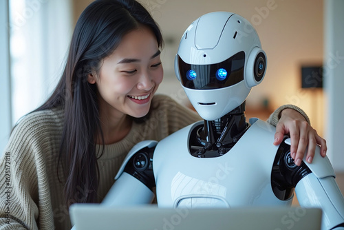 Woman and AI humanoid robot work together and collaborating while looking at a laptop, symbolizing AI partnership help job