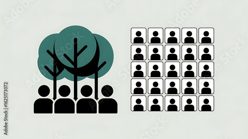 Group of people, trees, and a large group of people. Community and population growth.
