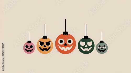 Five Halloween pumpkin ornaments, hanging, various colors.
