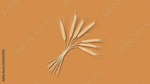 A bunch of wheat stalks on a muted orange background.
