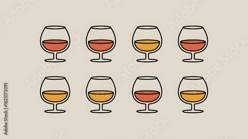 Nine wine tasting glasses, various colors.

