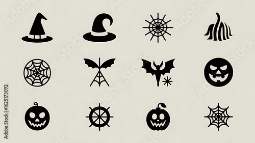 Halloween icons in black silhouette.
