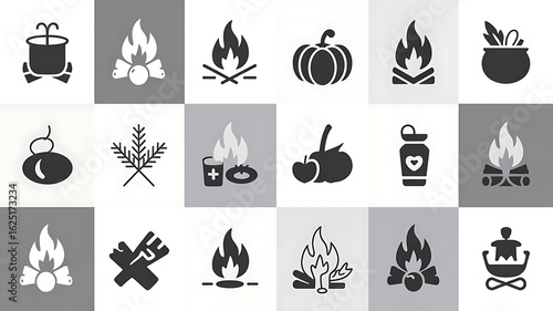 Autumn icons: campfire, pumpkin, cauldron, and more.
