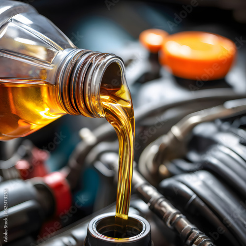 Change car oil, Auto mechanic changing oil pours oil into a car engine.